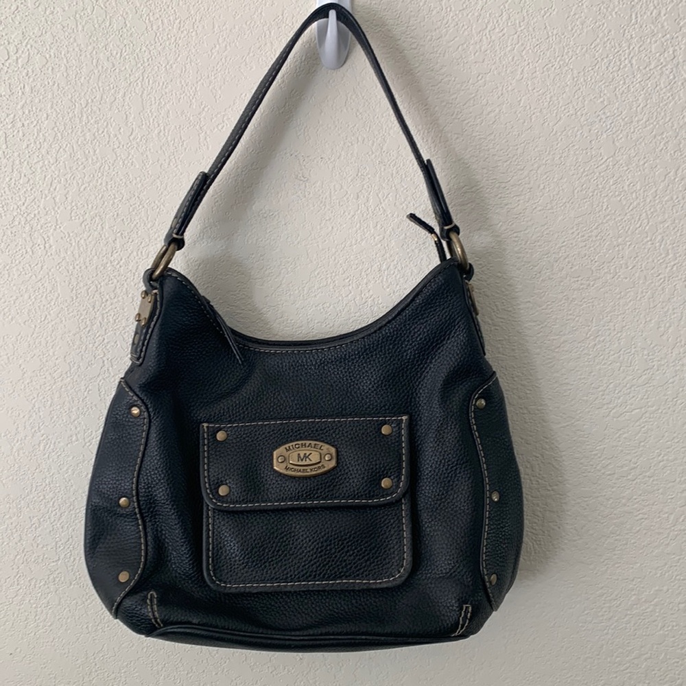 Michael Kors Black Pebbled Leather Hobo Bag Gold Hardware Single Strap Medium Sz